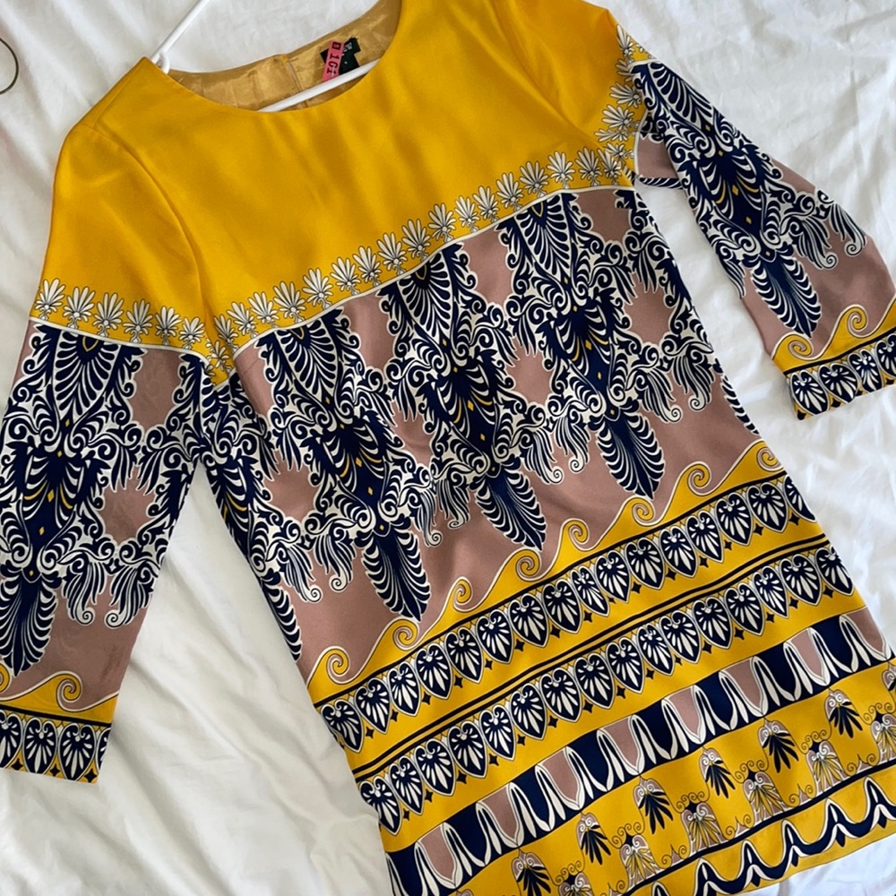 Jcrew Marigold and Navy printed dress size 6